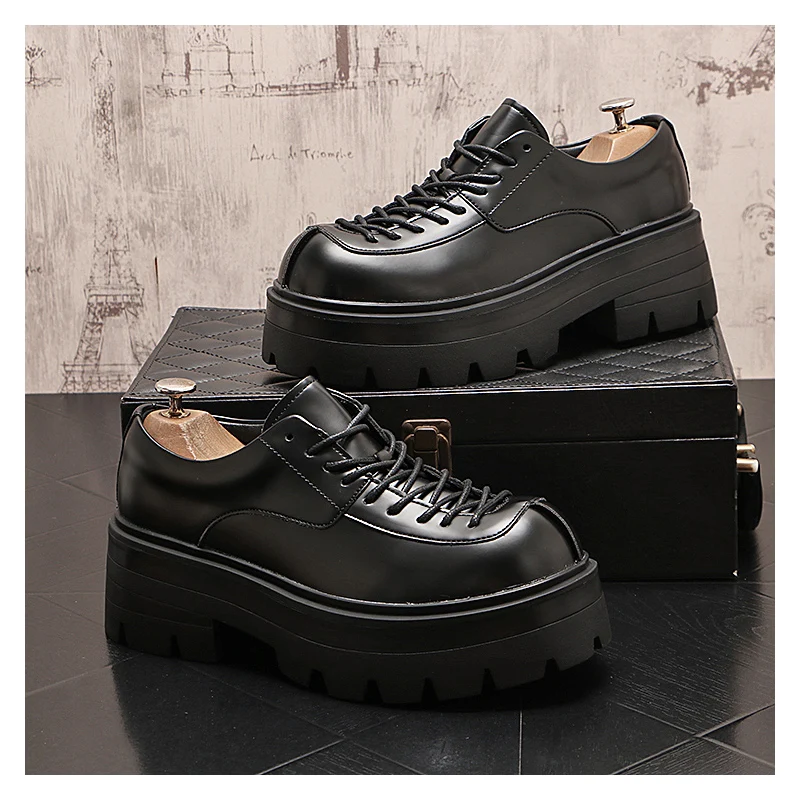 italian brand designer shoes for men casual lace-up genuine leather oxfords shoe black white platform sneakers street footwear - Image 3